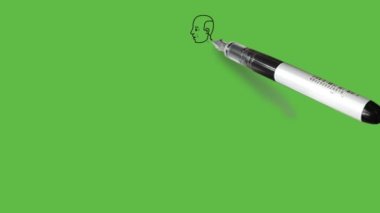 Draw standing young boy hold his one hand forward another keep straight wearing green t-shirt, grey trouser and brown shoes on abstract green background