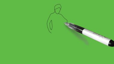 Draw standing young boy seeing wrist watch and keep right hand in pocket wearing white t-shirt, blue trouser, white turban and brown shoes on abstract green background