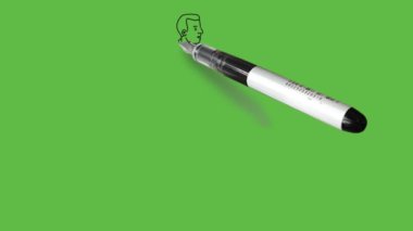 Draw standing young black boy with spectacles hold his right hand forward wearing white shirt, blue trouser and brown shoes on abstract green background