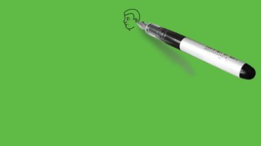 Draw standing young black boy with spectacles keep his left hand in pocket and open right hand forward wearing white shirt, blue trouser and brown shoes on abstract green background