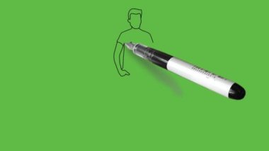 Draw standing young dark complexion boy keep his both hands in front pocket of trouser wearing white t-shirt, blue trouser and red shoes on abstract green background