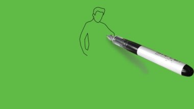 Draw standing young boy seeing wrist watch and keep right hand in pocket wearing blue t-shirt, red trouser and grey shoes on abstract green background