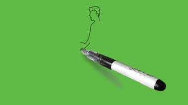 Draw standing young boy keep his left hand in pocket and open right hand forward wearing blue t-shirt, red trouser and grey shoes on abstract green background