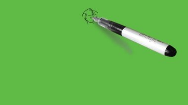 Draw standing young boy hold his hands on forehead wearing white shirt, grey trouser and grey shoes on abstract green background