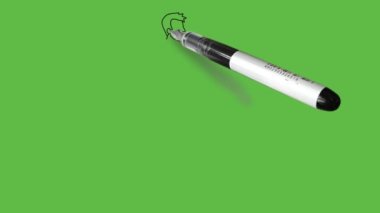 Draw standing young boy hold his right hand forward wearing white shirt, grey trouser and grey shoes on abstract green background