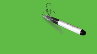 Draw standing young boy keep his both hands in front pocket of trouser wearing grey t-shirt, blue trouser and grey shoes on abstract green background
