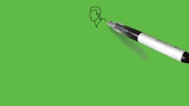 Draw standing young boy keep his left hand in pocket and open right hand forward wearing grey t-shirt, blue trouser and grey shoes on abstract green background