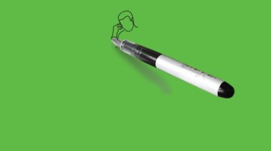 Draw standing young boy keep his right hand on forehead and left hand on hip, thinking to wear grey t-shirt, blue trouser and grey shoes on abstract green background