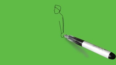 Draw walking young boy wearing grey t-shirt, dark grey trouser and brown shoes on abstract green background