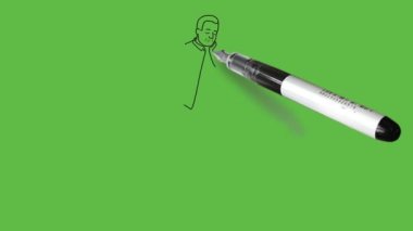 Draw standing young boy with spectacles seeing wrist watch and keep right hand in pocket wearing white shirt, blue trouser and brown shoes on abstract green background