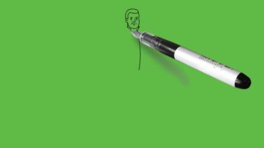 Draw standing young boy with spectacles keep his both hands in front pocket of trouser wearing white shirt, blue trouser and brown shoes on abstract green background