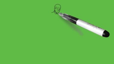 Draw standing young boy with cap seeing wrist watch and keep right hand in pocket wearing white shirt, blue trouser and brown shoes on abstract green background