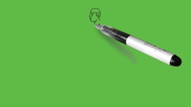 Draw walking young boy with cap wearing white shirt, blue trouser and brown shoes on abstract green background