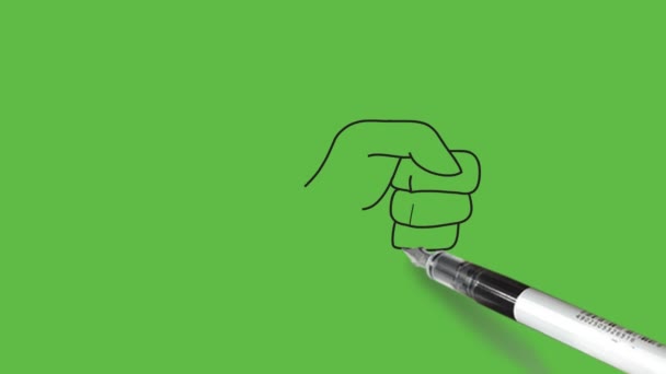 黒ペンで人間の手の体の一部を描き 黒アウトラインを抽象的な緑の画面の背景に描きます — ストック動画