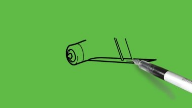 Sarı, gri ve kırmızı renkli, soyut yeşil arka planda siyah çizgili, düzgün, küçük bir helikopter çiziyor.