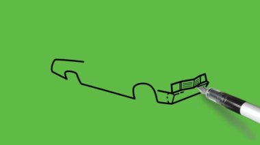 Gri, beyaz ve mavi renkli, soyut yeşil arka planda siyah çizgili spor araba çizimi