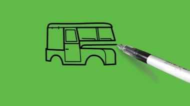 Soyut yeşil arka planda siyah çizgili kahverengi, gri, mavi renkli eski araba çizimi