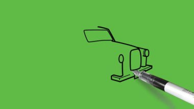 Soyut yeşil arkaplanda siyah çizgili gri ve mavi renkli büyük bir araba çiziliyor