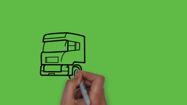 グレー 赤の色の組み合わせで黒のアウトラインを抽象的な緑の背景にデカントな巨大なトラックを描く — ストック動画