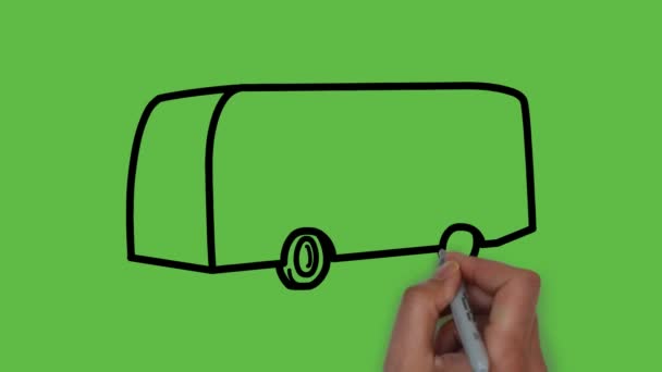 抽象的な緑の背景に黒の輪郭と黒と青の色の組み合わせで良い小さなバスを描く — ストック動画