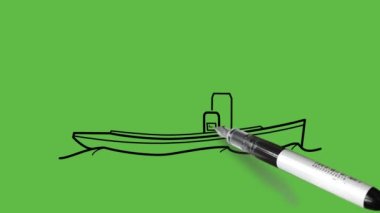 Siyah ve mavi renkli, soyut yeşil arkaplanda siyah çizgili düzgün, büyük bir gemi çiziyor.