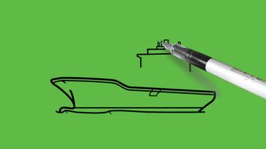 Siyah ve mavi renkli, soyut yeşil arkaplanda siyah çizgili düzgün bir mekanik gemi çiziliyor.