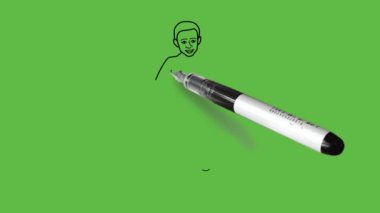 Üzerinde mor, turuncu ve beyaz kombinasyon elbiseler ve soyut yeşil ekran arka planında siyah çizgiler olan ayakta duran koyu tenli bir çocuk çiz.