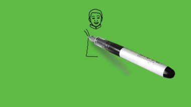 Sarı ve turuncu renkli kombinasyon elbise giyen, soyut yeşil ekran arka planda siyah çizgili, ayakta duran koyu tenli küçük bir çocuk çiz.