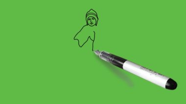 Ayakta duran küçük çocuk, her iki elini de kalçasında kep ve yeşil sıcak şalla tut. Kahverengi daha alçak ve soyut yeşil perde arka planında siyah çizgili ayakkabılar.