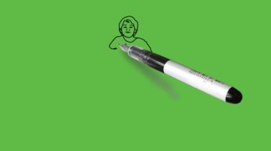 Siyah ve mavi renk kombinasyonlu koltuk değnekleriyle yürüyen, siyah çizgili ve soyut yeşil ekran arkaplanlı küçük engelli çocuğu çiz.