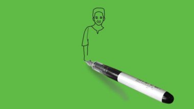 Soyut yeşil ekran arka planında siyah çizgili siyah ve mavi renkli kombinasyon elbise giyen küçük bir çocuk çiz