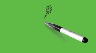 Kahverengi şapkalı, sarı, turuncu şeritli, sıcak şallı, kahverengimsi ve soyut yeşil perde arka planında siyah çizgili ayakkabılı küçük bir çocuk çiz.