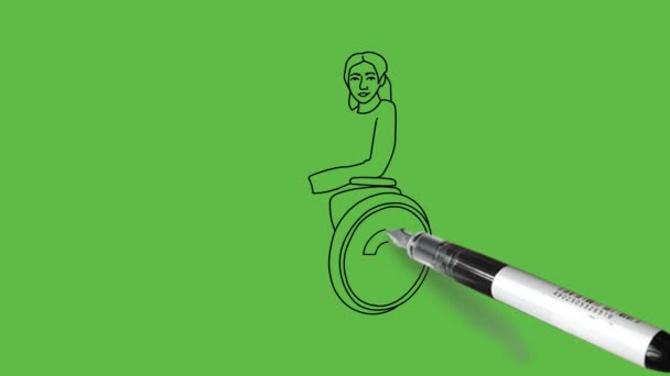 Σχεδιάστε Ανάπηρο Κορίτσι Κάθεται Αναπηρική Καρέκλα Φορώντας Μαύρο Και Μπλε — Αρχείο Βίντεο