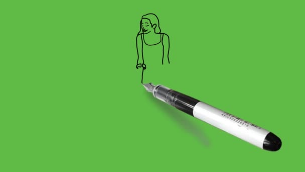レモン色のTシャツを着ている棒のサポートで障害のある女の子のスタンドを描く 抽象的な緑の画面の背景に黒の輪郭と緑の下と黒の履物 — ストック動画