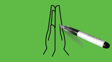 Soyut yeşil arkaplanda siyah ve mavi renk kombinasyonuyla iki elini birleştiren bir şekil çiziyor