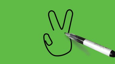 Soyut yeşil arkaplanda siyah ve kahverengi renkli iki açık parmak ile zafer işareti çiziyor.