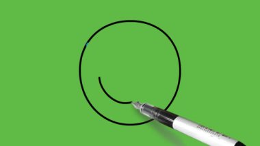 Soyut yeşil arkaplanda sarı renk kombinasyonlu mavi gözlüklü heyecanlı bir yüz çizmek