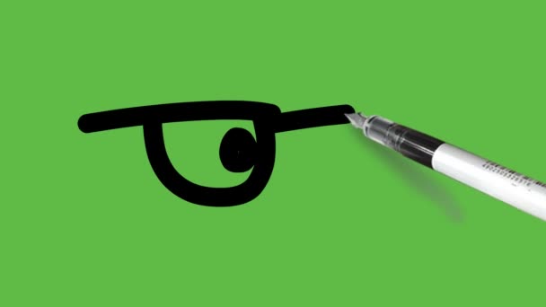 在抽象的绿色背景上画了一副黑色眼镜 眼睛向右转 蓝色和黑色混合在一起 — 图库视频影像