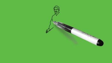 Yeşil ceket, kahverengi pantolon ve soyut yeşil ekran arka planda siyah çizgili kahverengi ayakkabılar giyen yaşlı beyefendiyi çiz.