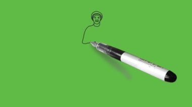 Ayakta duran bir bayan, kollarını dirseğinden bükerek mavi ve siyah elbiseler giyerek yeşil ekran arka planında siyah çizgili kısa kep ve ayakkabılar giysin.