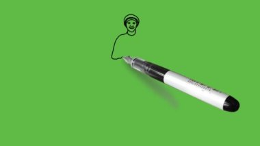 Koyu tenli, ayakta duran, kollarını dirseğinden büken, mavi ve mor elbiseli kısa elbiseli, mavi şapkalı ve gri çizgili, soyut yeşil ekran arka planda siyah çizgili bir kadın çiz.