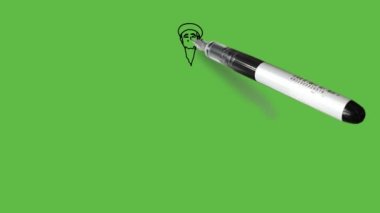 Ayakta duran bir sakal çiz yaşlı adam sol elini kırmızı üst, sarı alt ve kırmızı şapkalı soyut yeşil ekran arka planda siyah çizgili