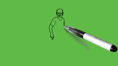 Tekerlekli sandalyede oturan, gözlüklü, siyah-mavi tişörtlü, soyut yeşil perde arka planında siyah çizgili, alçak ve ayakkabılı yaşlı bir adam çiz.