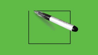 Mavi kenarlıklı küçük dikdörtgen çerçeve tasarımını ve soyut yeşil ekran arkaplanındaki siyah hatları çiz