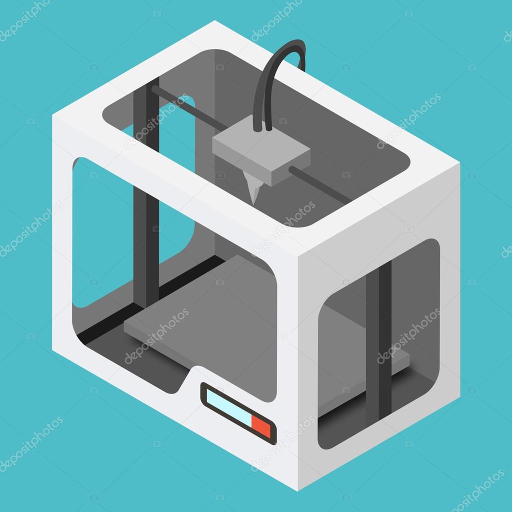 Isometric 3D Printer on a Blue Background. Vector Illustration.