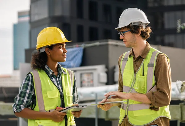 Two Professional Engineer Man Women Working Checking Maintenance Pipeline Construction Immagini Stock Royalty Free