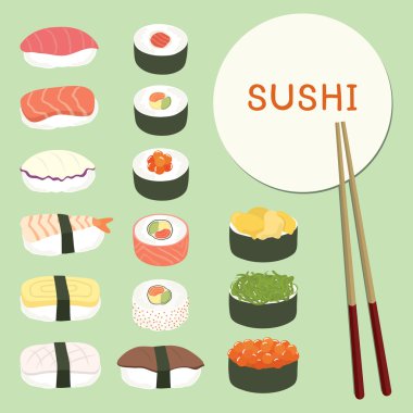 lezzetli suşi yemek Icons, Japon yemekleri set