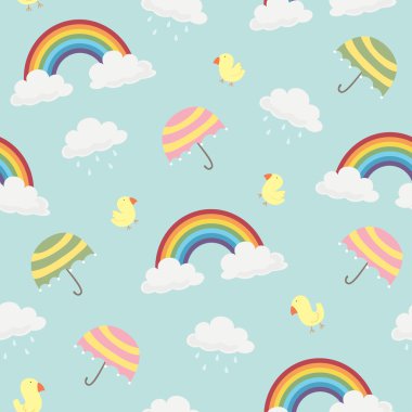 Cute Rainbow, Clouds, Umbrella and Birds Seamless Background Pattern