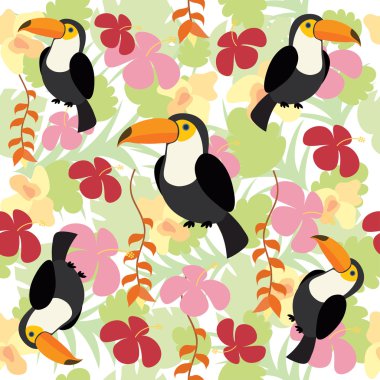 Toucans ve tropik çiçekler arka plan deseni sorunsuz