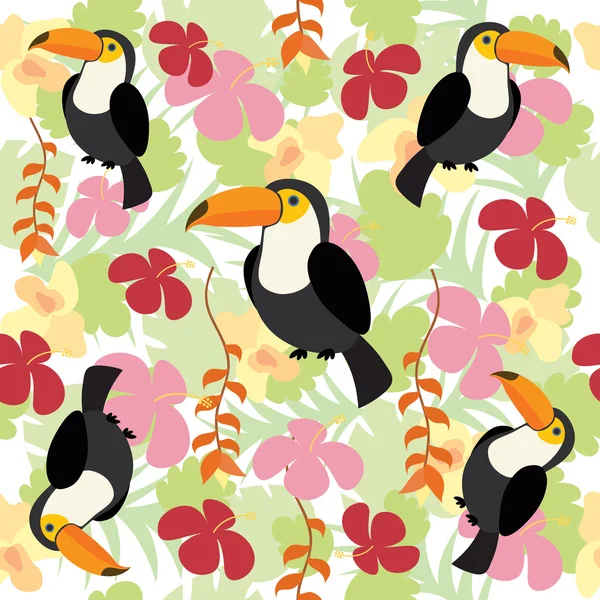 Toucans e flores tropicais Padrão de fundo sem costura — Vetor de Stock